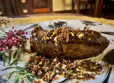 Thick-cut sirloin with pink peppercorns, coriander, garlic and fennel