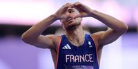 PARIS, FRANCE - AUGUST 05: Wilfried Happio of Team France reacts during the Men's 400m Hurdles Round 1 on day ten of the Olympic Games Paris 2024 at Stade de France on August 05, 2024 in Paris, France. (Photo by Christian Petersen/Getty Images)