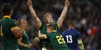 Players of South Africa celebrate after the Rugby World Cup 2023 quarter final match between France and South Africa in Saint-Denis, France, 15 October 2023. (Photo: EPA-EFE / Yoan Valat) 