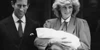 Diana Princess of Wales (1961 - 1997) and Prince Charles with newborn Prince Harry, leave St Mary's Hospital in Paddington, London, UK, 16 September 1984; Diana wore an outfit designed by Jan Van Velden. (Photo: Steve Wood/Daily Express/Hulton Archive/Getty Images)