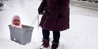 CHICAGO, ILLINOIS - FEBRUARY 02: Olia is taken on a tour of her snow-covered neighborhood by her nanny on February 02, 2022 in Chicago, Illinois. A massive storm, working its way across the Midwest, is expected to dump as much as 16 inches of snow in some areas. Chicago is expected to receive between 4 and 8 inches by the time the system passes tomorrow afternoon. (Photo by Scott Olson/Getty Images)