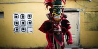 A person participates in the Festival of Devils and Congos 'A la cacaeria del diablo' in Portobelo, Colon, Panama, 06 May 2023. The resilience of African people during the times of colonization and their fight for freedom have been honored for centuries by the Panamanian Congos, a cultural representation of the Afro-descendants of the Caribbean, through music and dance.  EPA-EFE/Bienvenido Velasco ACOMPAÑA CRÓNICA: PANAMÁ CULTURA