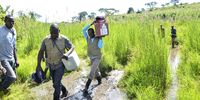 Polio teams from Bujubuli Health Centre on a vaccination outreach wade through swamps to reach children in Kyaka II refugee settlement and those in host communities with polio vaccines, western Uganda, 2018. (Photo: © UNICEF)