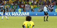  Marcelo of Brazil reacts after the FIFA World Cup 2018 quarter final soccer match between Brazil and Belgium in Kazan, Russia, 06 July 2018. Brazil lost the match 1-2.   EPA-EFE/DIEGO AZUBEL  