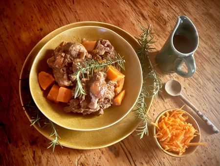 Oxtail stew with bacon, orange and rosemary