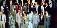 Members of the negotiating team at a Codesa meeting in Kempton Park, including Nelson Mandela, Jacob Zuma, Alan Boesak, Joe Nhlanhla, Barbara Masekela, Zola Skwewiya, Joe Slovo, Gertrude Shlope, Marian Spog, Bridgitte Mabandla, Valley Moosa and Sakkie Macozoma, 20 December 1991. (Photo: thealbiecollection.org)