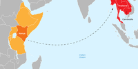 Human trafficking route from East Africa to Southeast Asia. (Source: Enact, supplied by ISS Today)
