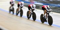 Marlen Reusser (R) of Switzerland leads her team during the Women's Team Pursuit first round at the UEC Track Cycling European Championships in Grenchen, Switzerland, 09 February 2023.  EPA-EFE/Gian Ehrenzeller