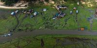 epa10998635 An aerial view of the Aleixo Lake's bed, next to the Amazonas River, in Manaos, Brazil, on 30 September 2023. The severe drought in the Amazonas during 2023 would break the registers and last until January 2024, according to the outlook by the National Center for Monitoring and Early Warning of Natural Disasters, managed by the Federal Government.  EPA-EFE/Raphael Alves
