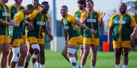 Wing Edwill van der Merwe (centre) has some fun with his Springbok teammates during a training session at Insep Fields on 5 November 2025 in Paris, France. (Photo: Franco Arland / Gallo Images / Getty Images)