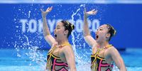 TOKYO, JAPAN - AUGUST 02: Yukiko Inui and Megumu Yoshida of Team Japan compete in the Artistic Swimming Duet Free Routine Preliminary on day ten of the Tokyo 2020 Olympic Games at Tokyo Aquatics Centre on August 02, 2021 in Tokyo, Japan. (Photo by Al Bello/Getty Images)