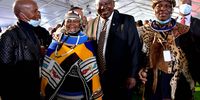 President Cyril Ramaphosa with Mama Esther Mahlangu during the national Freedom Day celebrations at the Kees Taljaard Stadium in Middelburg, Mpumalanga. (Photo: Elmond Jiyane / GCIS)