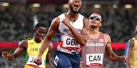 TOKYO, JAPAN - AUGUST 06: Nethaneel Mitchell-Blake of Team Great Britain reacts as he crosses the finish line in the Men's 4 x 100m Relay Final on day fourteen of the Tokyo 2020 Olympic Games at Olympic Stadium on August 06, 2021 in Tokyo, Japan. (Photo by Matthias Hangst/Getty Images)