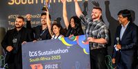 Eduvos students Zoe Hendricks, Amber Pillay, Taariq Smith, Emanuel Messiha, and Wentzel du Toit celebrate winning third prize at the TCS Sustainathon South Africa 2025, Wits University, Johannesburg, 8 September. (Photo: Julia Evans)