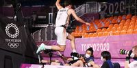 TOKYO, JAPAN - JULY 24:  Rafael Bogaerts of Team Belgium jumps into the photographers area during the Men's Pool Round match between Belgium and Japan on day one of the Tokyo 2020 Olympic Games at Aomi Urban Sports Park on July 24, 2021 in Tokyo, Japan. (Photo by Christian Petersen/Getty Images)