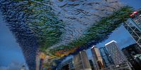 epa09257311 Thousands of colourful streamers part of an art installation flutter in the wind on the Central district waterfront in Hong Kong, China, 09 June 2021. The art installation is entitled 'River of Light', part of the 'Skynet' art series by Los Angeles-?based artist Patrick Shearn, and is on display until 15 June 2021.  EPA-EFE/JEROME FAVRE
