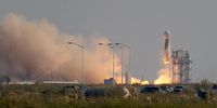 VAN HORN, TEXAS - JULY 20:  The New Shepard Blue Origin rocket lifts-off from the launch pad carrying Jeff Bezos along with his brother Mark Bezos, 18-year-old Oliver Daemen, and 82-year-old Wally Funk prepare to launch on July 20, 2021 in Van Horn, Texas. Mr. Bezos and the crew are riding in the first human spaceflight for the company.   (Photo by Joe Raedle/Getty Images)