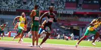 TOKYO, JAPAN - AUGUST 05: Chederick van Wyk of South Africa at the 200m mark, looks back as his teammates drop the baton in the mens 4x100m relay heats during the Athletics event on Day 13 of the Tokyo 2020 Olympic Games at the Olympic Stadium on August 05, 2021 Tokyo, Japan. (Photo by Roger Sedres/Gallo Images/Getty Images)