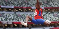TOKYO, JAPAN - AUGUST 02: Maykel Masso of Team Cuba competes in the Men's Long Jump Final on day ten of the Tokyo 2020 Olympic Games at Olympic Stadium on August 02, 2021 in Tokyo, Japan. (Photo by Cameron Spencer/Getty Images)