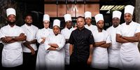 Chef Wandile Mabasa and crew. From the left: Tebogo Matjila, Kenosi Malebye, Doe’Re Cairncross, Refiloe Mofokeng, Mthokozisi Dube, chef Wandile Mabaso, Khabi Masilela, Thabiso Sikhakhane, Bismarck Mangcaka, Limited Sabi. (Photo: Supplied)<br>