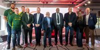 Key figures from SAB, SA Rugby, and the Ministry of Sport gather to celebrate the new Castle Lager Boktown partnership.