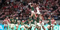 Franco Mostert wins the ball in the lineout during the Rugby World Cup 2019 quarterfinal against Japan at the Tokyo Stadium on 20 October, 2019. (Photo: Cameron Spencer / Getty Images)