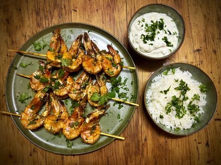 Coconut masala prawn skewers on the braai