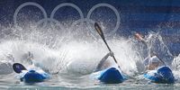 Luuka Jones of New Zealand, Ricarda Funk of Germany and Maialen Chourraut of Spain compete at the Quarterfinal heat in the Women Kayak Cross of the Canoeing Slalom competitions in the Paris 2024 Olympic Games at the Vaires-sur-Marne Nautical Stadium, in Vaires-sur-Marne, France, 05 August 2024.  EPA-EFE/ALI HAIDER