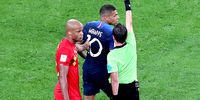 Kylian Mbappe of France (C) is booked by Uruguayan referee Andres Cunha (R) during the FIFA World Cup 2018 semi final soccer match between France and Belgium in St.Petersburg, Russia, 10 July 2018. EPA-EFE/ZURAB KURTSIKIDZE