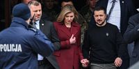 WARSAW, POLAND - APRIL 05: Ukraine’s President, Volodymyr Zelenskyy and First Lady of Ukraine Olena Zelenska exit Bristol Hotel as they move towards the Presidential Palace  on April 05, 2023 in Warsaw, Poland. The Ukrainian President will meet his Polish counterpart, Andrzej Duda and Poland's Prime Minister, Mateusz Morawiecki to discuss issues related to security, economic and agricultural cooperation. (Photo by Omar Marques/Getty Images)