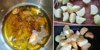 Esté Dietrichsen’s way of preparing roast potatoes for the air fryer: the flavoured oil, left, and the cooked potatoes, below right. (Photos: Esté Dietrichsen) <br>