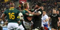 Pieter-Steph du Toit and Vaea Fifita square up to each other during New Zealand's 16-16 Rugby Championship draw with South Africa on Saturday at Wellington's Westpac Stadium, 27 July, 2019. (Photo: John Cowpland)