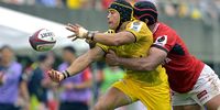 Cheslin Kolbe of Suntory Sungoliath offloads the ball during the NTT Japan Rugby League One Play-Off Semi Final between Toshiba Brave Lupus Tokyo and Tokyo Suntory Sungoliath at Prince Chichibu Memorial Rugby Ground on May 19, 2024 in Tokyo, Japan. (Photo by Koki Nagahama/Getty Images)