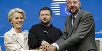 (L-R) President of the European Commission Ursula von der Leyen, Ukraine's President Volodymyr Zelensky and President of the European Council Charles Michel hold a joint press conference on the sidelines of a special meeting of the European Council in Brussels, Belgium, 09 February 2023. EU leaders will meet in Brussels on 09 and 10 February for a summit to discuss Russia's invasion of Ukraine, the EU's economy and competitiveness, and its migration policy.  EPA-EFE/OLIVIER HOSLET