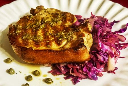 Pork T-bone with caper butter and braised red cabbage and pears