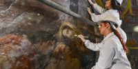 Restoration works are underway at the fresco 'Deposition of Christ', attributed to Simone Papa known as 'The Modern' in the church of Santa Maria la Nova in Naples, Italy, 10 April 2024.  EPA-EFE/CIRO FUSCO