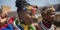 MIDRAND, SOUTH AFRICA - APRIL 08: Thando Mahlangu (right) and Nqobile Masuku (left) at Boulders Shopping Centre on April 08, 2021 in Midrand, South Africa. They met with The Boulders management today after Thando Mahlangu who was dressed in his traditional isiNdebele attire was asked to leave the shopping mall by the centre manager because he was dressed inappropriately last month. (Photo by Gallo Images/Alet Pretorius)