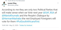 The South African First political party frequently retweeted @uLerato_pillay’s tweets promoting the political party. (Source: @uLerato_pillay/archive)
