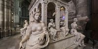 A view of the tomb of Louis XII and Anne of Brittany at the necropolis of Saint-Denis Cathedral during a press tour in Saint-Denis, France, 11 April 2025. The mediation teams at the National Monuments Center, the organization responsible for the Saint-Denis Cathedral, aim to offer visitors a new program adapted for a wider audience, featuring cartels and films for young visitors, as well as tactile stations for the visually impaired, including models and reproductions of recumbent statues.  EPA-EFE/TERESA SUAREZ