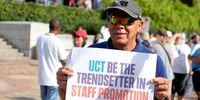 A member of UCT's staff during the UCT Employees Union strike over salary increases and employee benefits outside the Sarah Baartman Hall on 8 February, 2024 in Cape Town, South Africa. (Photo: Gallo Images / Misha Jordaan)