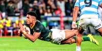 Sacha Feinberg-Mngomezulu of South Africa scoring a try during the Castle Lager Rugby Championship match between South Africa and Argentina at Hollywoodbets Kings Park on September 27, 2025 in Durban, South Africa. (Photo: Anton Geyser / Gallo Images)