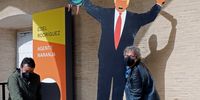 epa09110941 Carme Center presents the exhibition 'Edel Rodriguez. Orange Agent', with creations by the art director of Time magazine, such as illustrations and cartoons of former US President Donald J. Trump, in Valencia, eastern Spain, 01 April 2021.  EPA-EFE/JUAN CARLOS CARDENAS