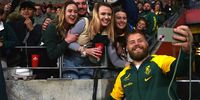 Thomas du Toit taking a picture with fans. Nelson Mandela Bay Stadium,Gqeberha, Eastern Cape. Castle Lager incoming series / Springboks versus Italy . 12 July 2025 (Photo: Deon Ferreira)