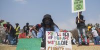 A woman sits on the lawns of the Union Building Gardens holding placards before the group of activists made their way to the Department of Mineral Resources to hand over a memorandum.<br>Photo / Shiraaz Mohamed.