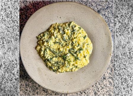 Three cheese and garden spinach risotto