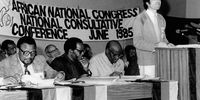 Albie presenting the ANC Code of Conduct, which he describes as the most important legal document written in his life, at the 1985 African National Congress Consultative Conference in Kabwe, Zambia. (Photo: ANC Photographer )