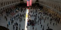 NEW YORK, NEW YORK - SEPTEMBER 11: In a path referred to as the “Way of Light,”  sunlight shines across the Oculus floor, near the exact axis of what would be the North Tower, in lower Manhattan on the 24th anniversary of the 9/11 terror attacks on September 11, 2025, in New York City. Santiago Calatrava purposefully designed the WTC Hub to allow for this powerfully symbolic moment to occur every year at exactly 10:28 a.m., the same time the North Tower fell. The nation is marking the twenty-fourth anniversary of the attacks on September 11, 2001, that killed 2,977 people at the World Trade Center site, the Pentagon, and those aboard Flight 93 in Shanksville, PA.  (Photo by Spencer Platt/Getty Images)