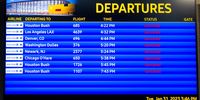 AUSTIN, TEXAS - JANUARY 31: Flight information is displayed at the Austin-Bergstrom International Airport on January 31, 2023 in Austin, Texas. Many flights have been delayed and cancelled due to a winter storm passing through portions of Texas. (Photo by Brandon Bell/Getty Images)