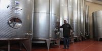 Dwarfed: Cilliers stands next to the vats used to settle and store the extra virgin olive oil made at Willow Creek Olive Estate. Photo: Christi Nortier