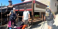Three fellow Pilgrims at La Parada restaurant in Zuriain, Spain, 24 August 2023. (Photo: Pauli van Wyk)